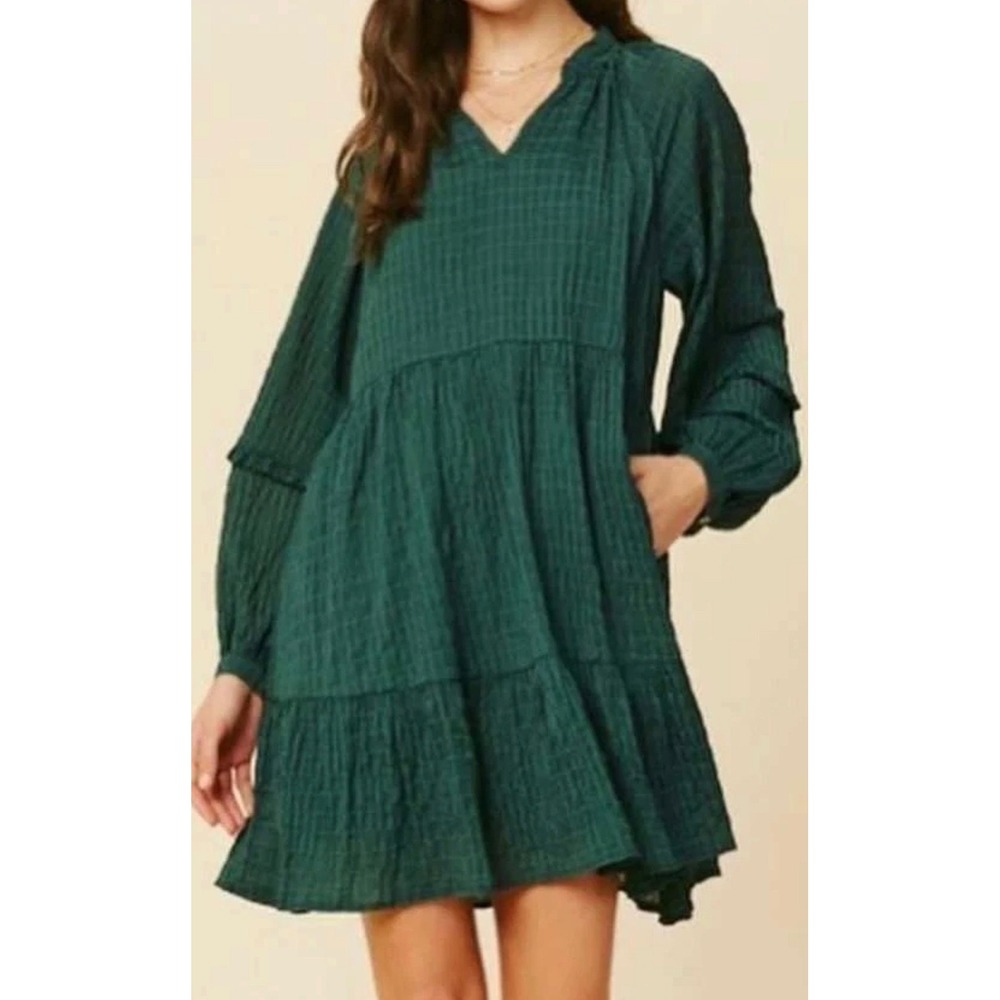 Maree Pour Toi x Anthropologie Green Tiered Textured Mini Dress XS Pocket Dress